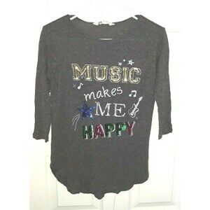 H&M Music Makes Me Happy Shirt Gray 3/4 Sleeve